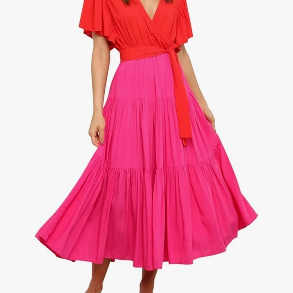 Elegant Red and Pink Wrap Dress